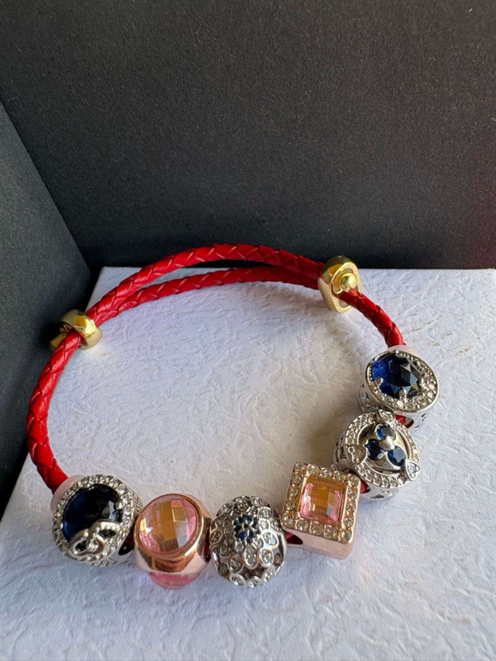 Red Braided Charm Bracelet with Pink & Navy Crystal Accents